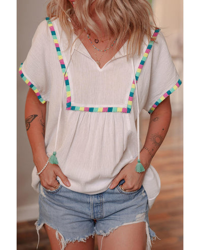 White Colorful Fringed Detail Tassel Tie Neck Short Sleeve Blouse - XL