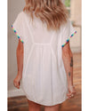 White Colorful Fringed Detail Tassel Tie Neck Short Sleeve Blouse - XL