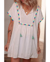 White Colorful Fringed Detail Tassel Tie Neck Short Sleeve Blouse - XL