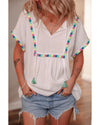 White Colorful Fringed Detail Tassel Tie Neck Short Sleeve Blouse - XL