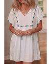 White Colorful Fringed Detail Tassel Tie Neck Short Sleeve Blouse - XL