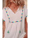 White Colorful Fringed Detail Tassel Tie Neck Short Sleeve Blouse - XL