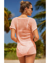Pink Loose Fit Pockets Short Sleeve Beach Cover Up - L