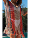 Multicolor Striped Tassel Crochet V Neck Beach Cover Up - L