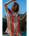 Multicolor Striped Tassel Crochet V Neck Beach Cover Up - L