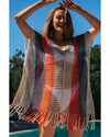 Multicolor Striped Tassel Crochet V Neck Beach Cover Up - S