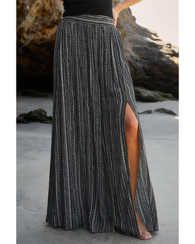 Black Printed Striped Printed Slit Wide Leg High Waist Pants - L