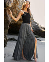 Black Printed Striped Printed Slit Wide Leg High Waist Pants - XL