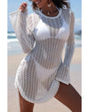 White Hollowout Knit Bell Sleeve Drawstring Short Beach dress - M