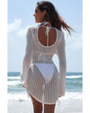 White Hollowout Knit Bell Sleeve Drawstring Short Beach dress - M