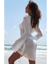White Hollowout Knit Bell Sleeve Drawstring Short Beach dress - M