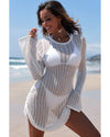 White Hollowout Knit Bell Sleeve Drawstring Short Beach dress - M