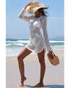 White Hollowout Knit Bell Sleeve Drawstring Short Beach dress - M