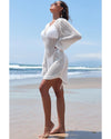 White Hollowout Knit Bell Sleeve Drawstring Short Beach dress - M