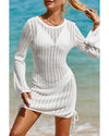 White Hollowout Knit Bell Sleeve Drawstring Short Beach dress - M