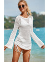 White Hollowout Knit Bell Sleeve Drawstring Short Beach dress - M