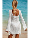 White Hollowout Knit Bell Sleeve Drawstring Short Beach dress - M