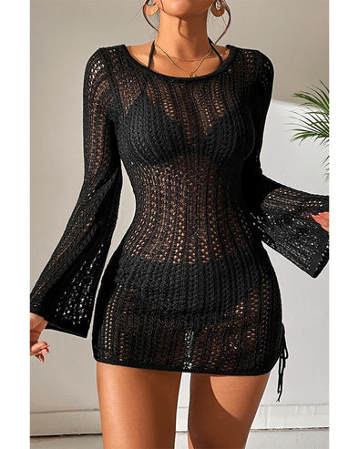 Black Hollowout Knit Bell Sleeve Drawstring Short Beach dress - M
