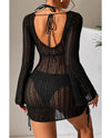 Black Hollowout Knit Bell Sleeve Drawstring Short Beach dress - M