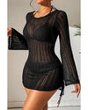 Black Hollowout Knit Bell Sleeve Drawstring Short Beach dress - M