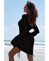 Black Hollowout Knit Bell Sleeve Drawstring Short Beach dress - M