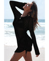 Black Hollowout Knit Bell Sleeve Drawstring Short Beach dress - M