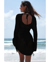 Black Hollowout Knit Bell Sleeve Drawstring Short Beach dress - M