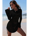 Black Hollowout Knit Bell Sleeve Drawstring Short Beach dress - M