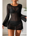 Black Hollowout Knit Bell Sleeve Drawstring Short Beach dress - XL
