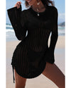 Black Hollowout Knit Bell Sleeve Drawstring Short Beach dress - XL