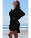 Black Hollowout Knit Bell Sleeve Drawstring Short Beach dress - XL