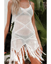 White Crisscross Knot Back Hollow Out Tasseled Beach Dress - M