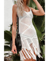 White Crisscross Knot Back Hollow Out Tasseled Beach Dress - M