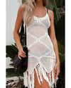 White Crisscross Knot Back Hollow Out Tasseled Beach Dress - M