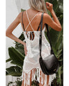 White Crisscross Knot Back Hollow Out Tasseled Beach Dress - M