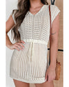 Beige Open Knit Drawstring Waist Beach Dress - S
