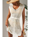 Beige Open Knit Drawstring Waist Beach Dress - S