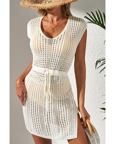 Beige Open Knit Drawstring Waist Beach Dress - XL