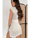Beige Open Knit Drawstring Waist Beach Dress - XL