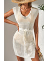 Beige Open Knit Drawstring Waist Beach Dress - XL