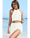 White Hollowed Crochet Cropped 2 Piece Beach Dress - XL