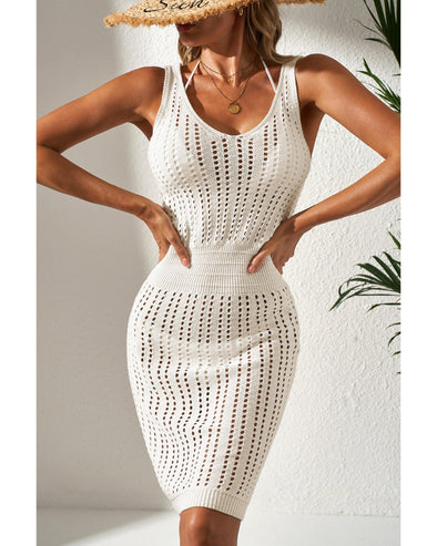 White Eyelet Crochet Sleeveless V Neck Beach Dress - XL