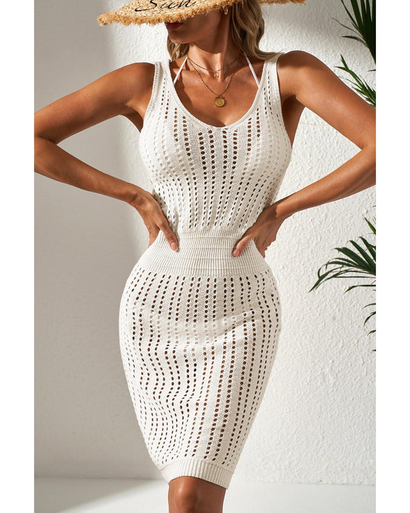 White Eyelet Crochet Sleeveless V Neck Beach Dress - XL