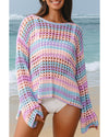 Purple Multi Stripe Open Knit Sweater Beach Cover Up - L