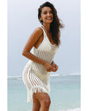 White Crochet Fishnet Fringed Edge V Neck Beach Cover Up - M