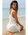 White Crochet Fishnet Fringed Edge V Neck Beach Cover Up - S