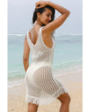 White Crochet Fishnet Fringed Edge V Neck Beach Cover Up - S