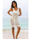 White Crochet Fishnet Fringed Edge V Neck Beach Cover Up - S