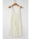 White Crochet Fishnet Fringed Edge V Neck Beach Cover Up - S
