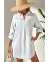 White Stripe Collared V Neck Chest Pocket Long Sleeve Beach Cover up - XL